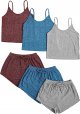 Women's 3 Sets Rib Knit Lounge Set Crop Cami Top and Tie Front Shorts Sleepwear Pajama Set