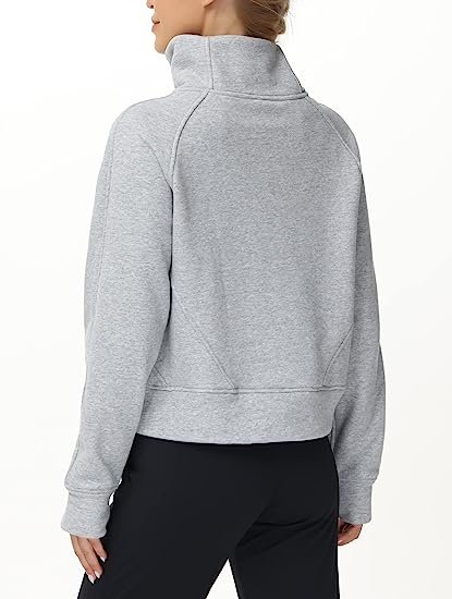 Womens' Half Zip Pullover Fleece Stand Collar Crop Sweatshirt with Pockets