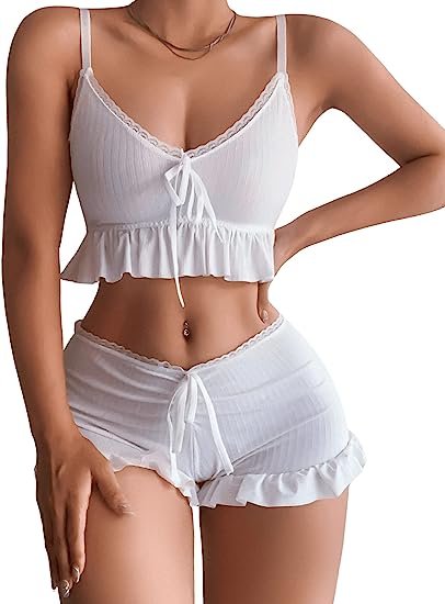 Women's 2 Piece Lingerie Set Ruffle Trim Tie Front Cami Top and Shorts Sleepwear