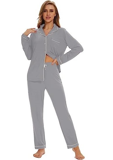 Button up Pajamas for Women, Long Sleeve Sleepwear Soft Loungewear